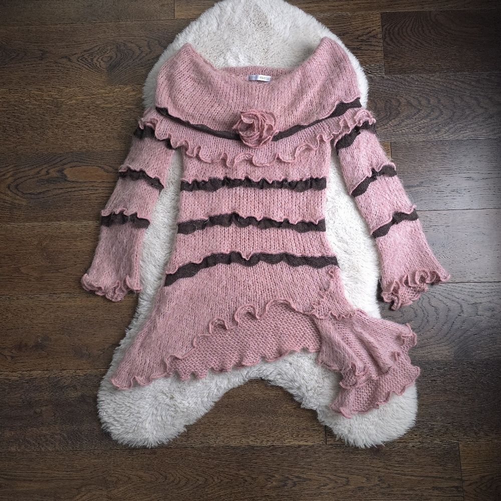 Vintage Zone Bleue Ballet Fairy Rosette Off-Shoulder Ruffle Sweater Tunic Top